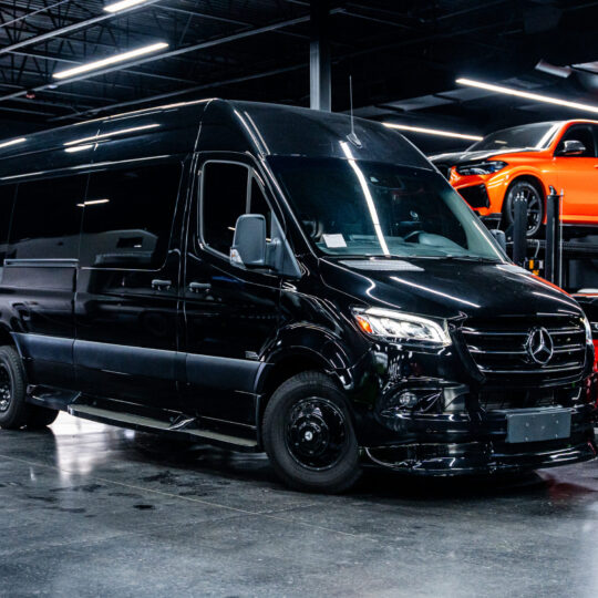 The 2023 Mercedez Benz Sprinter Office Van in black, featuring a sleek exterior design, large front windows, and durable construction made for versatile commercial use.